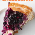 Photo of a slice of a vegan cheesecake with the words vegan cheesecake