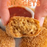 Photo of half of a vegan chicken nugget with the words vegan chicken nuggets