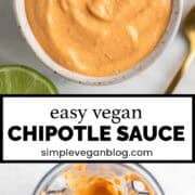 Vegan chipotle sauce in a bowl with ingredients and a spoon around it.