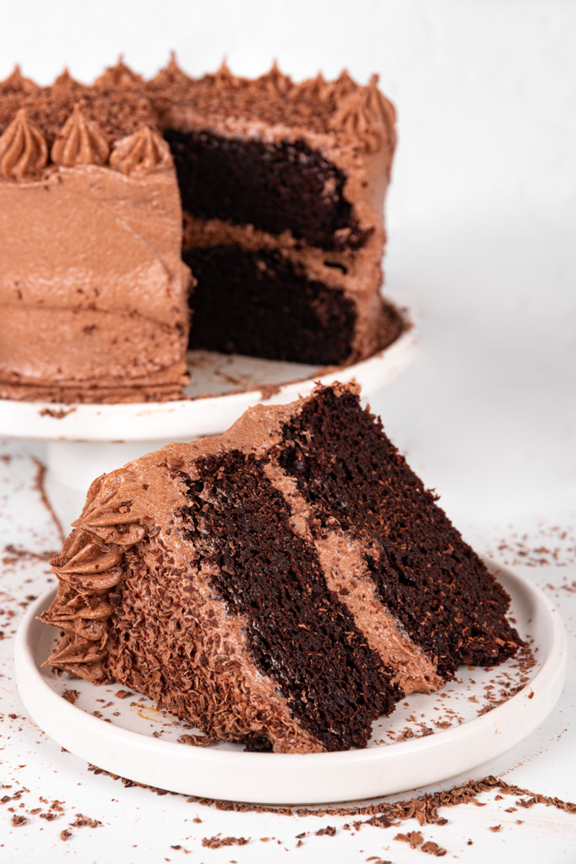 Photo of a slice of vegan chocolate cake