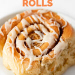 Photo of a vegan cinnamon roll with the words vegan cinnamon rolls