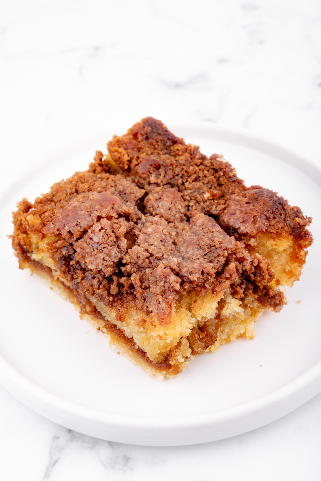 Close-up photo of a slice of vegan coffee cake