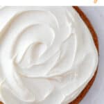 A vegan vanilla cake frosted with vegan cream cheese frosting.
