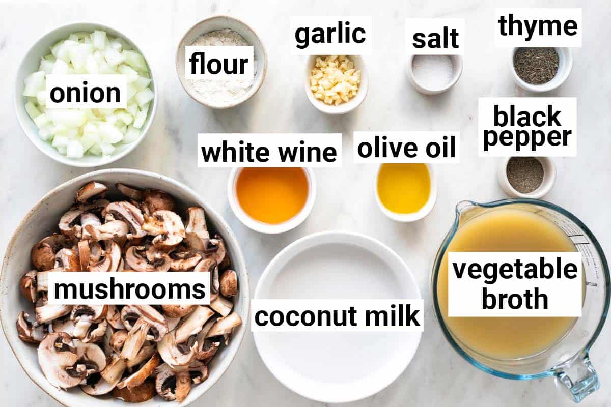 Ingredients needed to make vegan cream of mushroom soup.