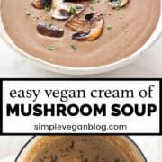 Bowl of vegan cream of mushroom soup topped with sautéed mushrooms, fresh thyme, and black pepper.