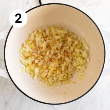 Garlic and onion sautéed in a large pot.