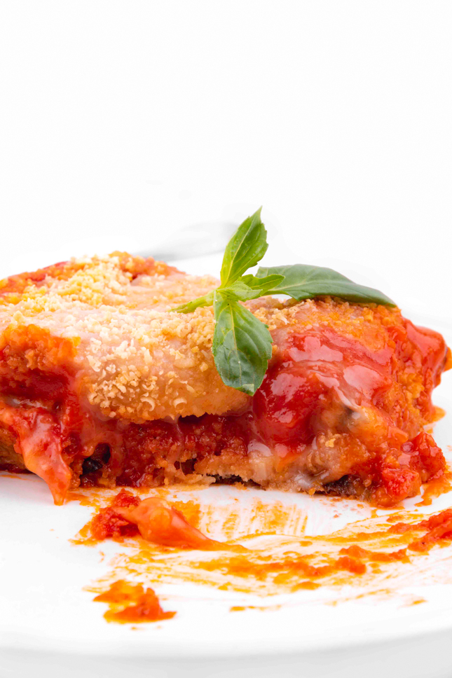 Close-up photo of vegan eggplant Parmesan
