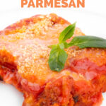 Close-up photo of some vegan eggplant Parmesan with a heading