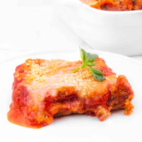 Square photo of some vegan eggplant Parmesan