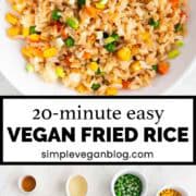 Vegan fried rice on white plate.
