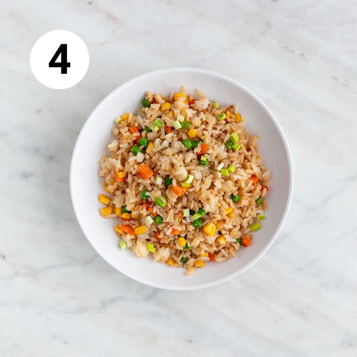 Platter featuring vegan fried rice atop a white plate.