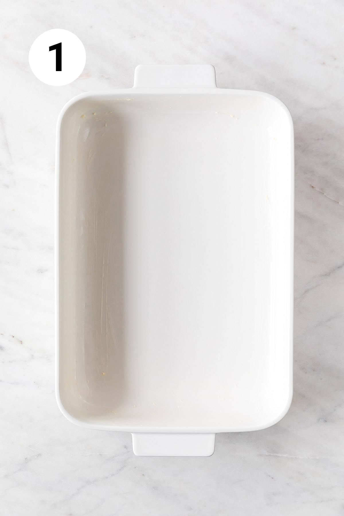 Greased baking dish.