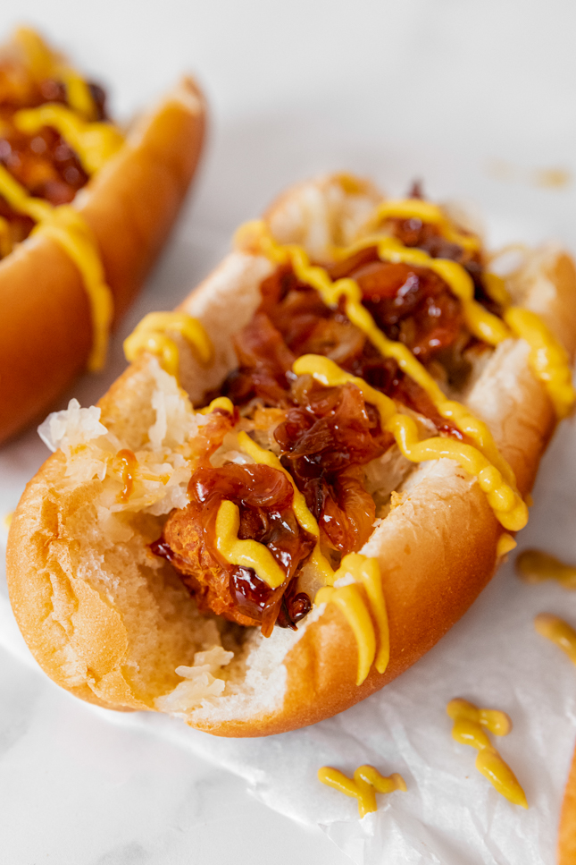 Close-up photo of a vegan hot dog