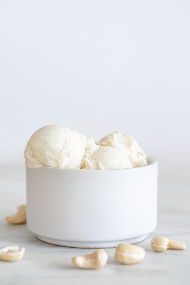 Side shot of a bowl of vegan ice cream