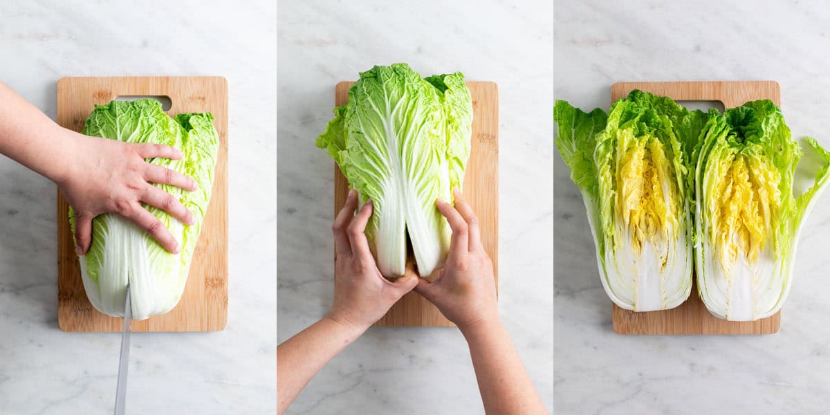 Collage showing steps to cut cabbage for vegan kimchi.