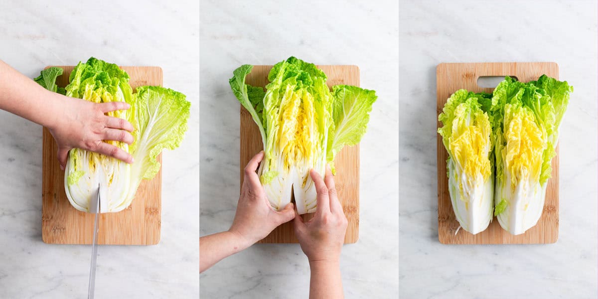 Step-by-step collage showing how to cut cabbage for vegan kimchi preparation.
