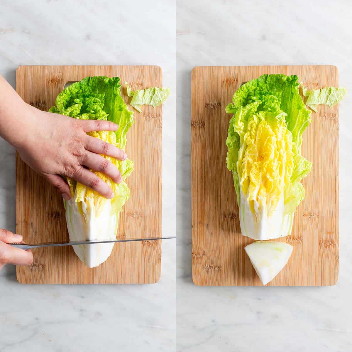 Collage of photos showing how to remove the tough core from cabbage.