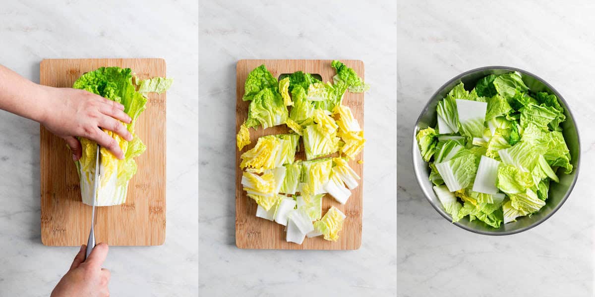 Collage of images showing how to cut cabbage for vegan kimchi.