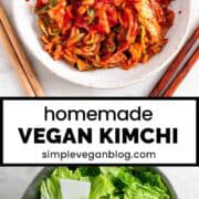 Vegan kimchi in two shallow dishes and a jar