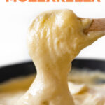 Photo of a spoonful of vegan mozzarella with the words vegan mozzarella