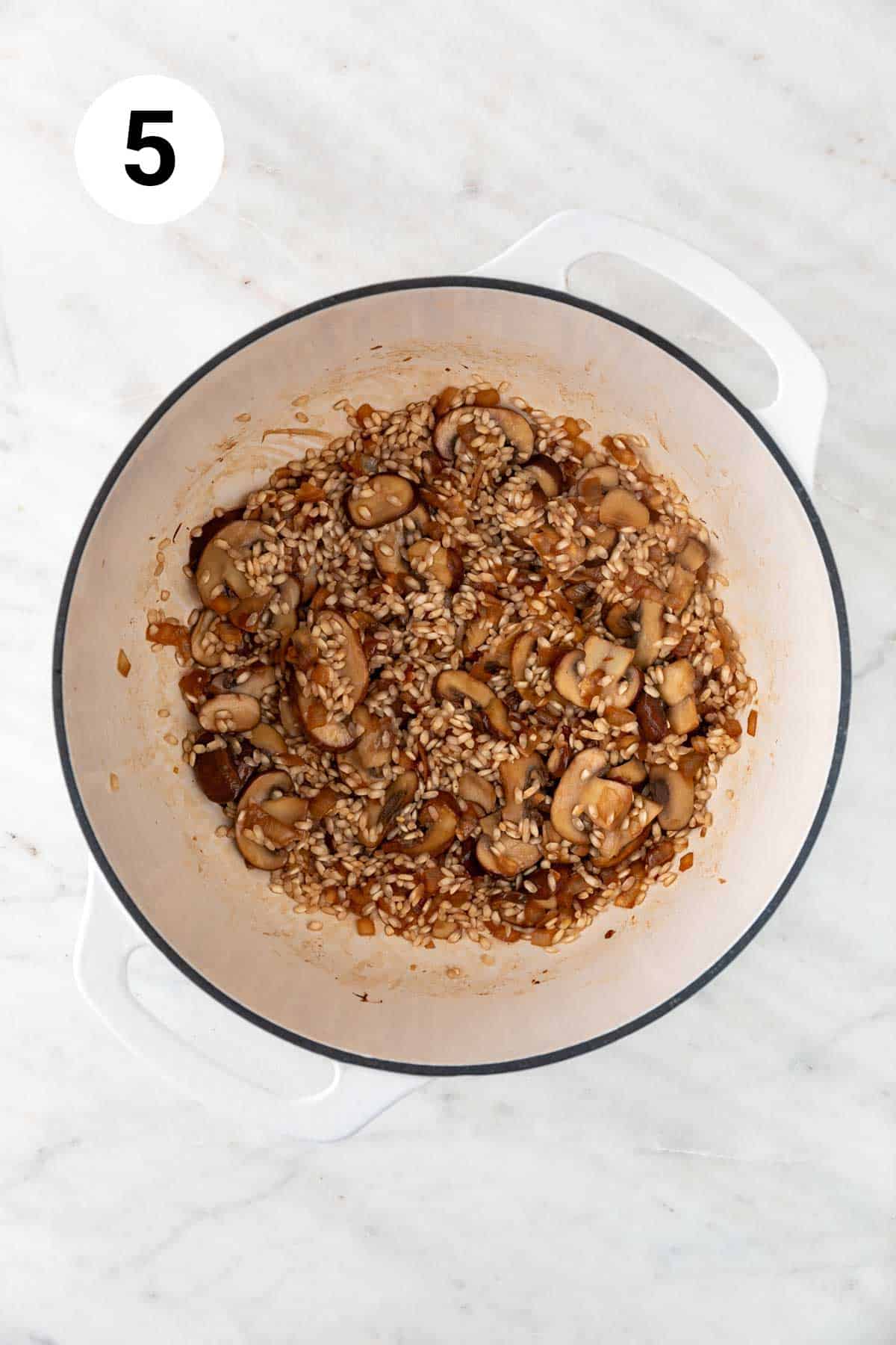 Sautéed onion, garlic, mushrooms, Arborio rice, and absorbed wine in a large pot.