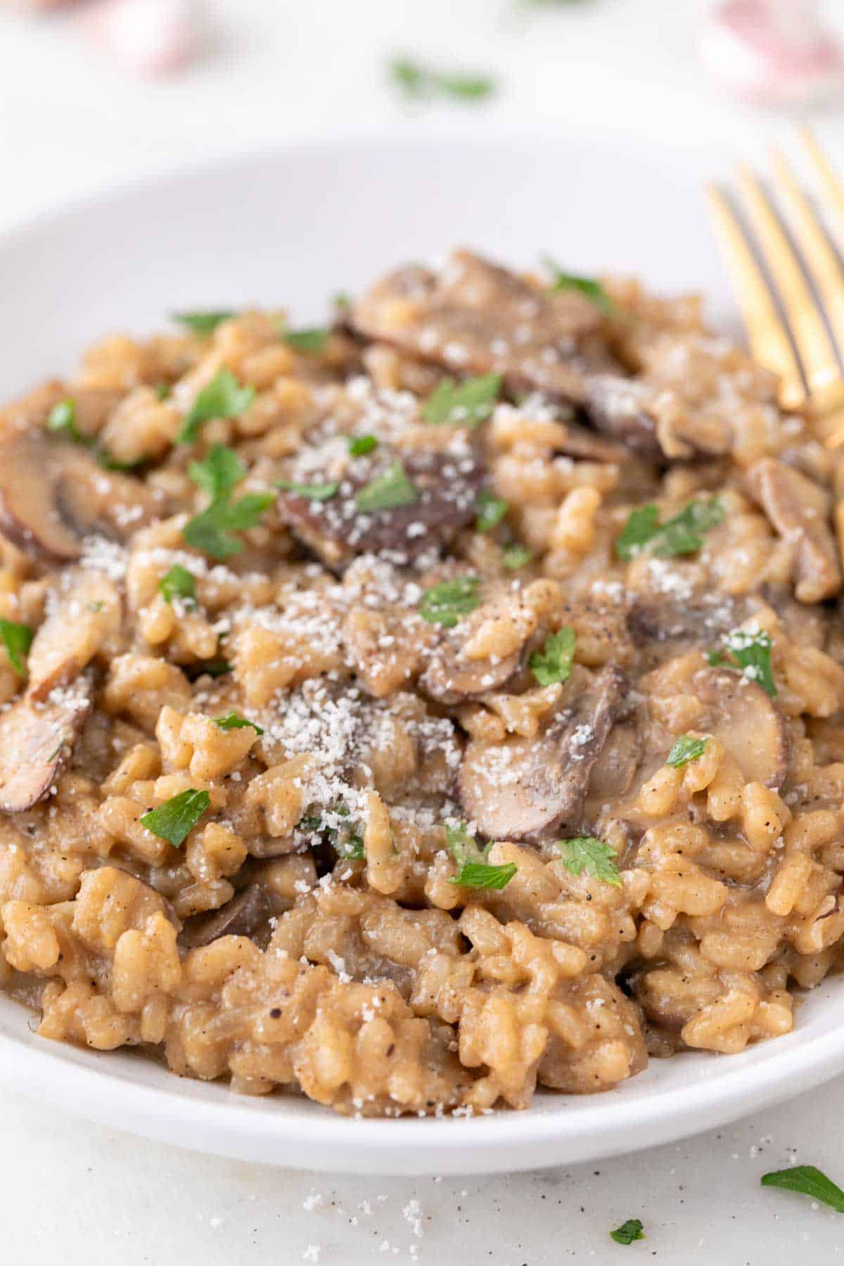 Plate of vegan mushroom risotto with parsley and vegan parmesan cheese garnish.