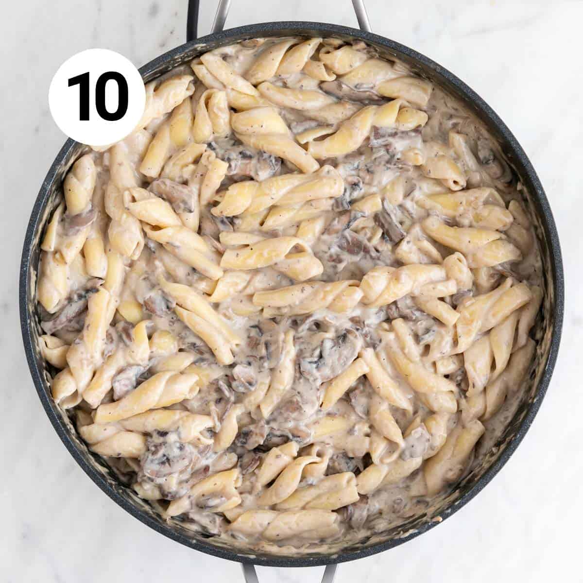 Vegan mushroom stroganoff sauce after adding the pasta.