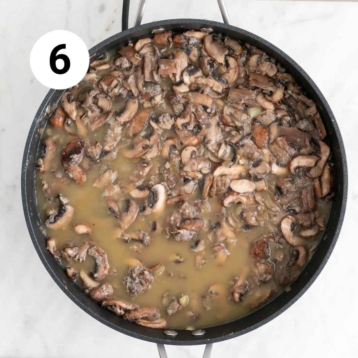 Onion, garlic, and mushrooms sautéed in a skillet with flour and vegetable stock.