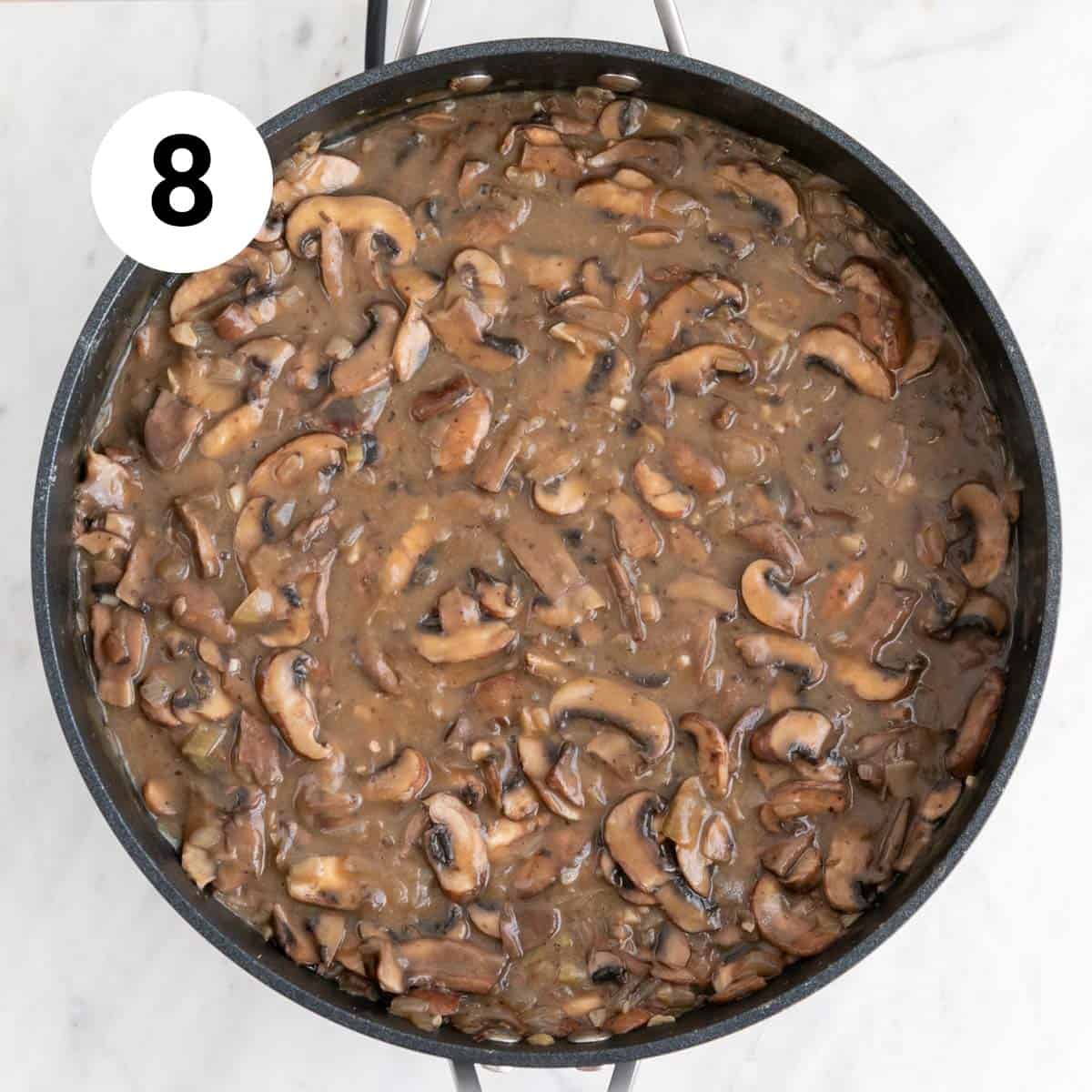 Vegan mushroom gravy after thickening.