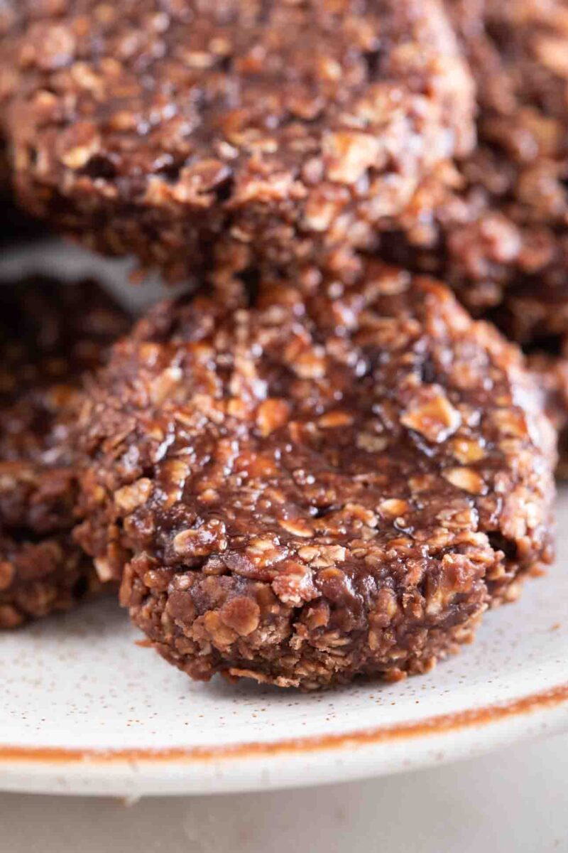 A close-up photo of a dish full of vegan no bake cookies