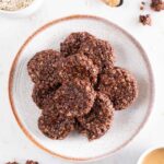 A photo from above of a dish with no bake cookies with a heading