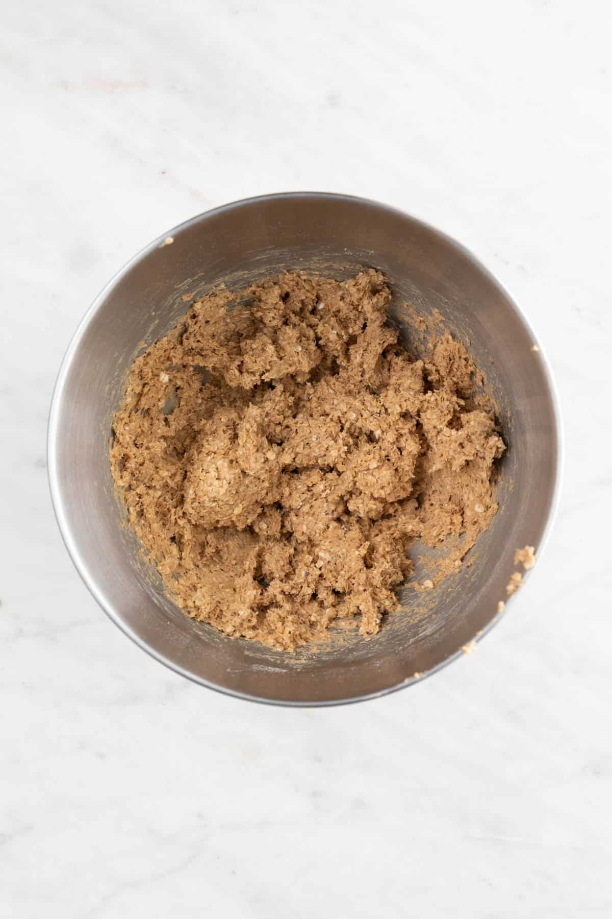 The wet and dry ingredients mixed in a large bowl.