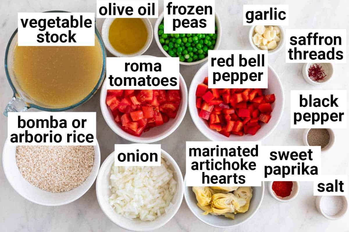 Ingredients needed to make vegan paella.