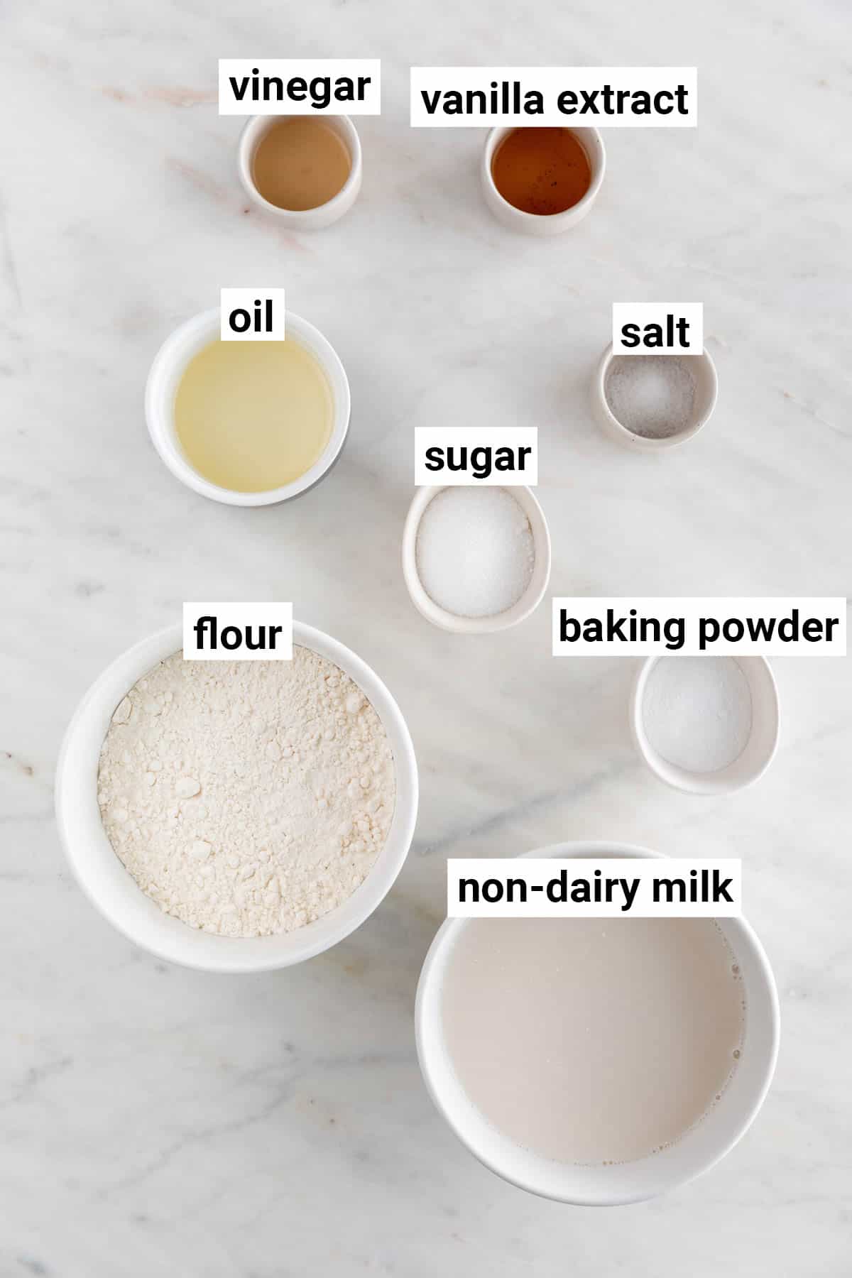 Ingredients needed to make vegan pancakes.