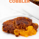Photo of some vegan peach cobbler with a heading