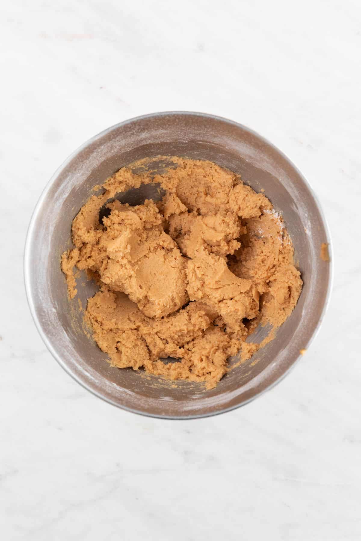 The wet and dry ingredients mixed in a large bowl.