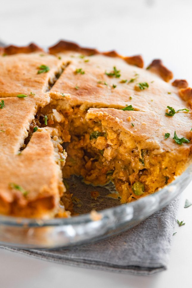 Photo of a sliced vegan pot pie