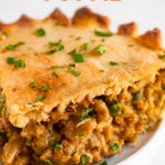 Photo of a slice of vegan pot pie with the words vegan pot pie