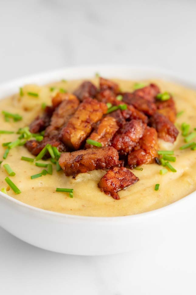 Close-up shot of a bowl of vegan potato soup