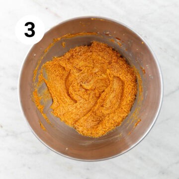 Vegan butter, granulated sugar, brown sugar, pumpkin puree and vanilla extract beaten in a bowl.