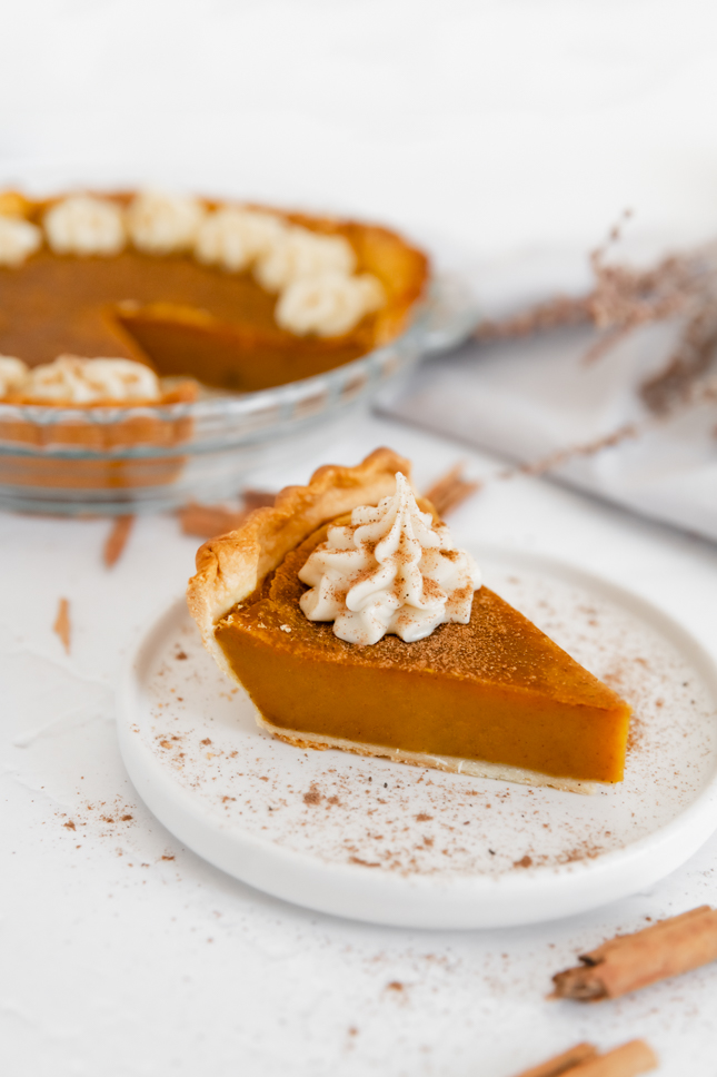 Photo of a slice of vegan pumpkin pie