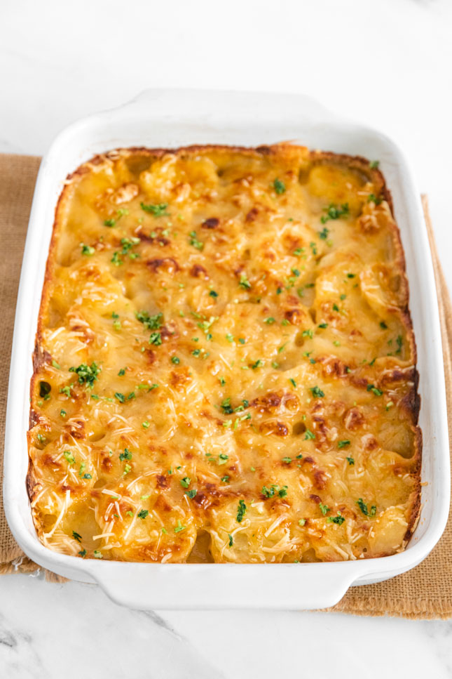 Photo of a casserole of vegan scalloped potatoes
