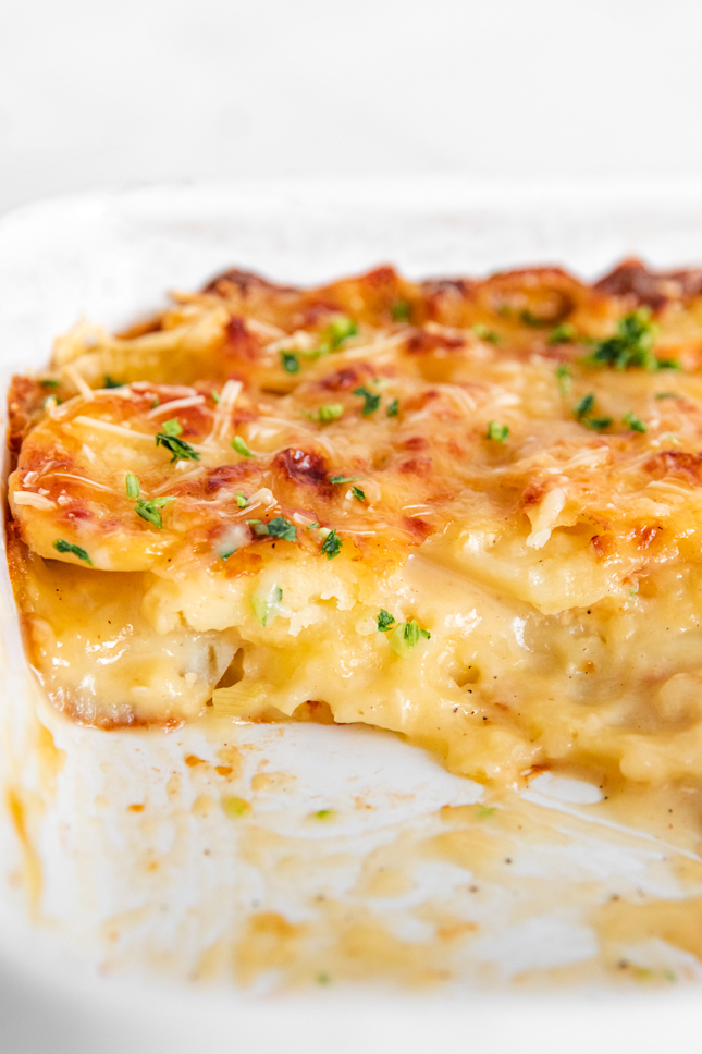 Close-up photo of a casserole of vegan scalloped potatoes