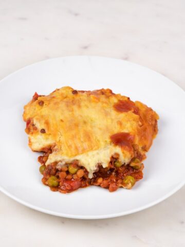 Photo of an individual portion of vegan shepherd's pie