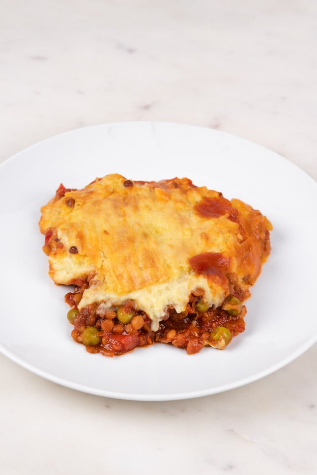 Photo of a portion of vegan shepherd's pie