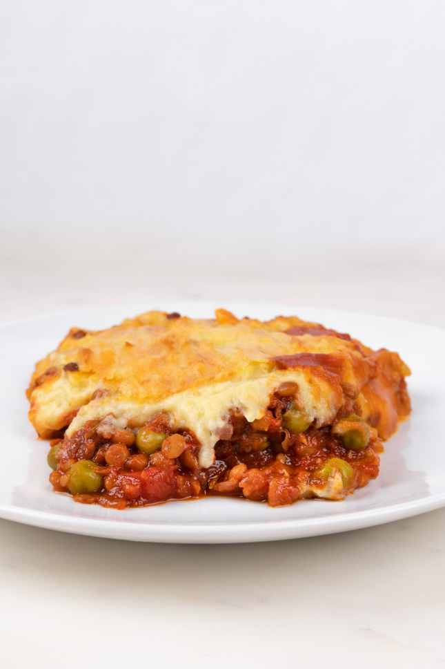 Side shot of a portion of vegan shepherd's pie