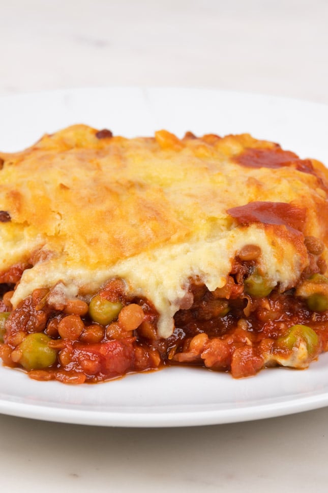 Close-up shot of a portion of vegan shepherd's pie