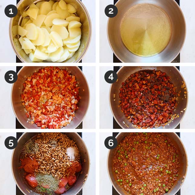 Photos of the first 6 steps to make vegan shepherd's pie
