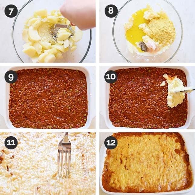 Photo of the last 6 steps of how to make vegan shepherd's pie