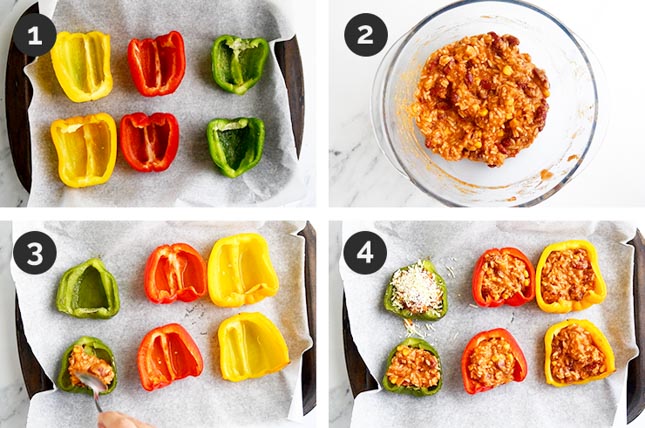 Step-by-step photos of how to make vegan stuffed peppers